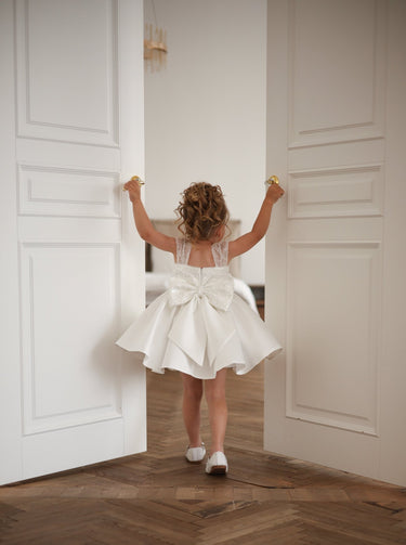 Amélie Pearl Mikado dress Knee-Length Ivory Flower Girl Dress with Bow - Flower Girl Dress- Aylu Bebe