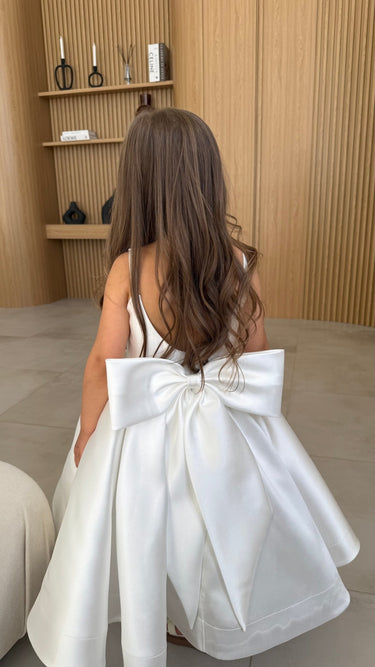 Majestic Mikado Knee - Length Ivory Flower Girl Dress with Bow - Flower Girl Dress - Aylu Bebe
