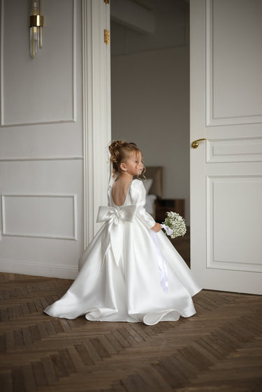 Majestic Mikado long sleeve Gown with Bow - Flower Girl Dress- Aylu Bebe