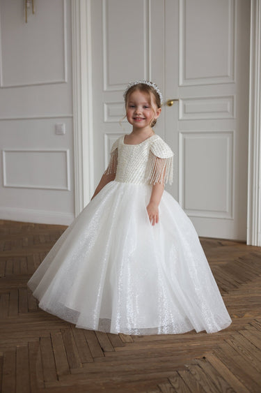 Pearl Beaded Flower Girl Dress with Tassel Sleeves - Made to Order - Flower Girl Dress - Aylu Bebe