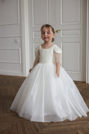 Pearl Beaded Flower Girl Dress with Tassel Sleeves - Made to Order - Flower Girl Dress - Aylu Bebe