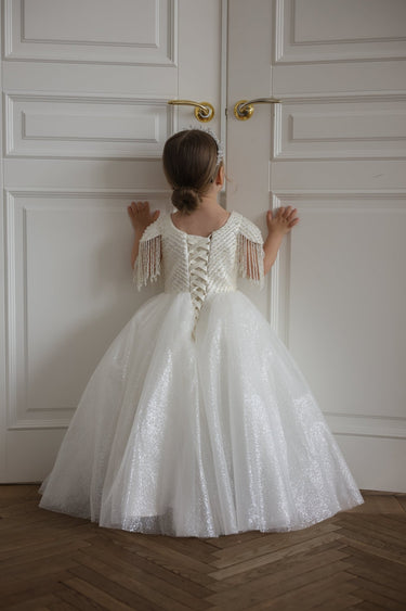 Pearl Beaded Flower Girl Dress with Tassel Sleeves - Made to Order - Flower Girl Dress - Aylu Bebe