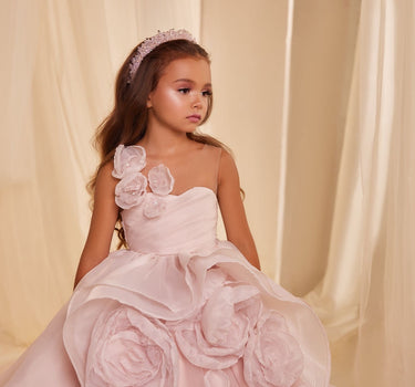 Girl wearing Petal Reverie Pink Gown with 3D roses