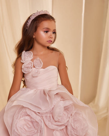 Girl wearing Petal Reverie Pink Gown with 3D roses