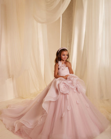 Handmade blush flower girl gown with rose appliqué
