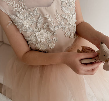 Front view lace detail on beige Dilana Dress