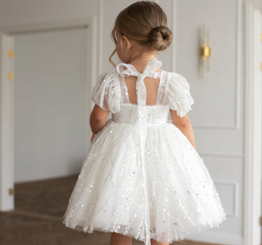 Dahlia Blossom Dress – White Sequin Flower Girl & Party Dress - Made to order
