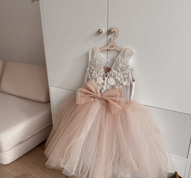 Full length beige tulle gown for girls