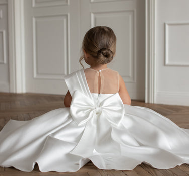 Close up of the Elise gown pleated mikado skirt.