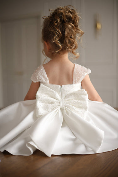 Amélie Pearl Mikado dress Knee-Length Ivory Flower Girl Dress with Bow - Flower Girl Dress- Aylu Bebe