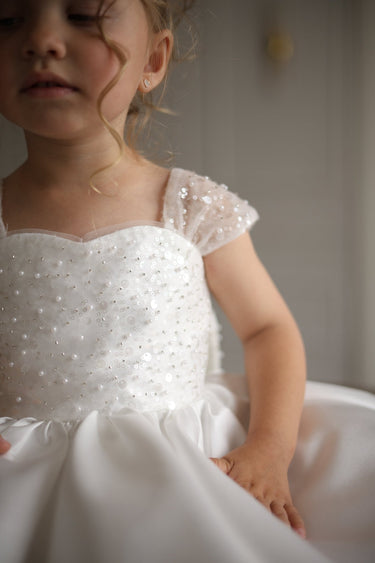 Amélie Pearl Mikado dress Knee-Length Ivory Flower Girl Dress with Bow - Flower Girl Dress- Aylu Bebe