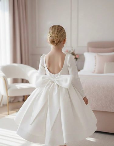 Long Sleeve Mikado Flower Girl Dress - Made to Order (AB008) - Flower Girl Dress - Aylu Bebe