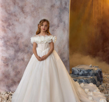 Handmade floral applique detail on the Maison luxury couture kids gown