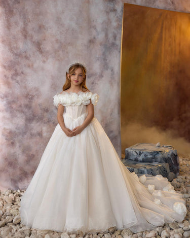 Handmade floral applique detail on the Maison luxury couture kids gown