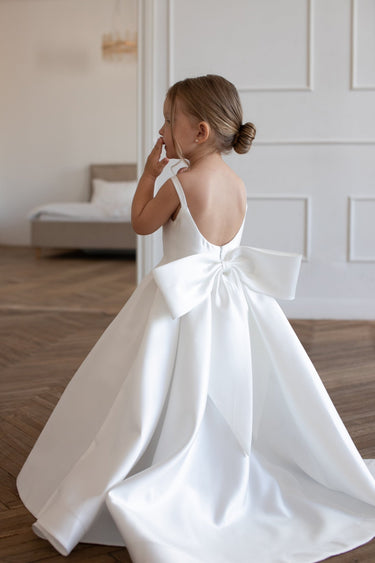 Majestic Mikado Flower Girl Dress with Bow – Made to Order (AB001) - Flower Girl Dress - Aylu Bebe