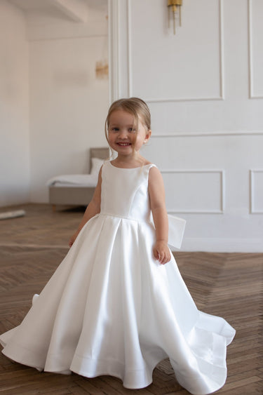 Majestic Mikado Flower Girl Dress with Bow – Made to Order (AB001) - Flower Girl Dress - Aylu Bebe