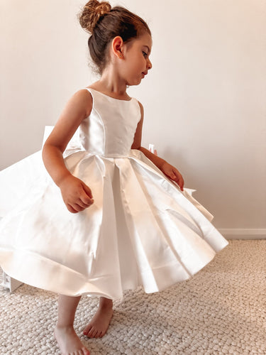 Majestic Mikado Knee - Length Ivory Flower Girl Dress with Bow - Flower Girl Dress - Aylu Bebe