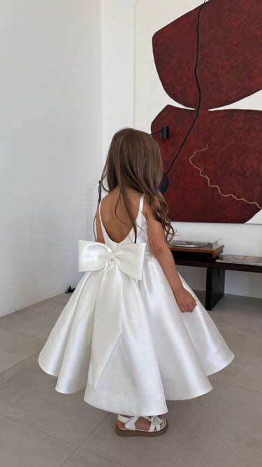 Majestic Mikado Knee - Length Ivory Flower Girl Dress with Bow - Flower Girl Dress - Aylu Bebe