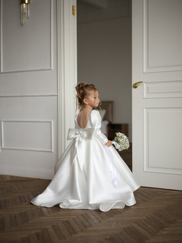 Majestic Mikado long sleeve Gown with Bow - Flower Girl Dress- Aylu Bebe