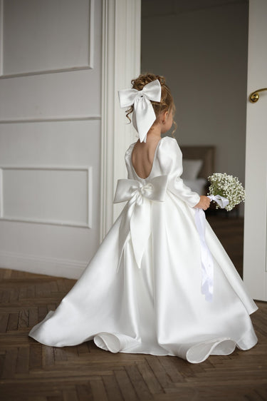Majestic Mikado long sleeve Gown with Bow - Flower Girl Dress- Aylu Bebe