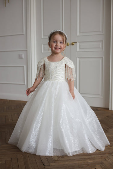 Pearl Beaded Flower Girl Dress with Tassel Sleeves - Made to Order - Flower Girl Dress - Aylu Bebe