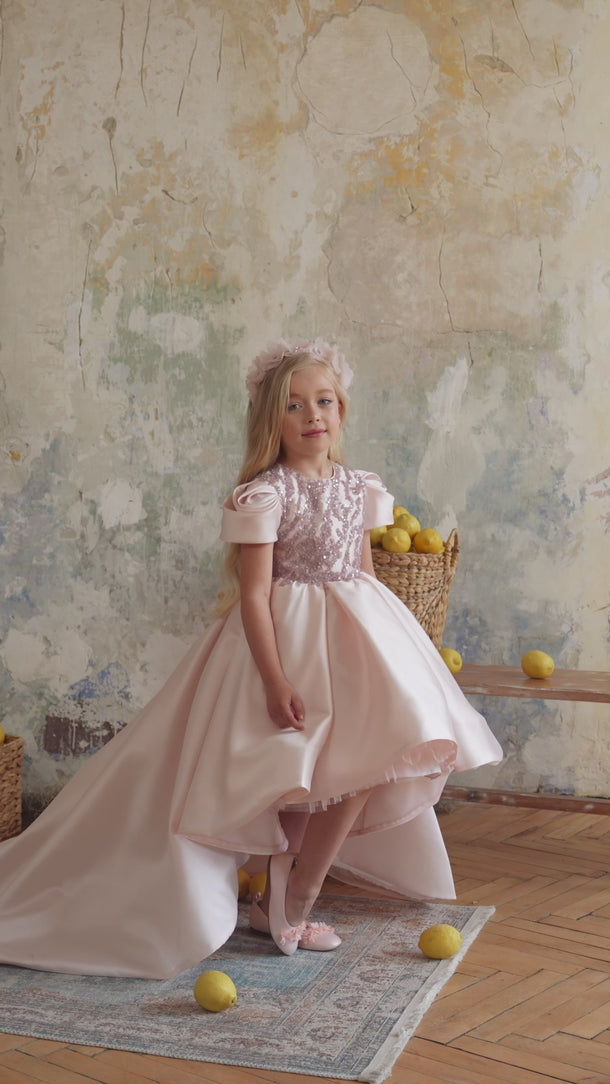 Video of the Rocabella European couture gown showing satin skirt and lace details