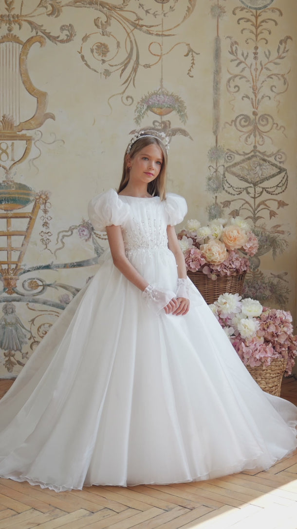 Luxury handmade pearl embellished gown with puff sleeves for flower girls
