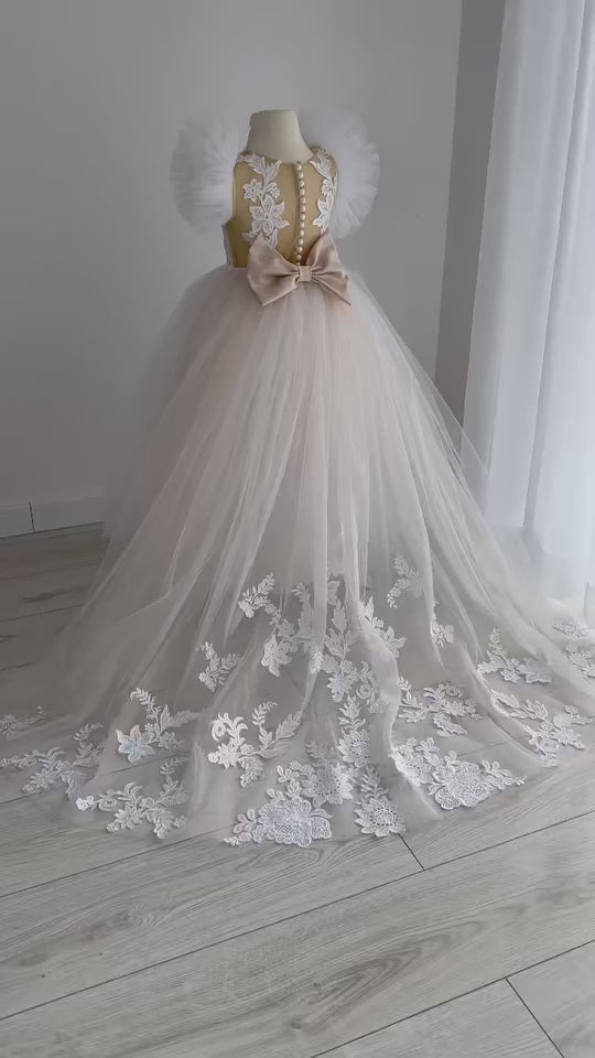 Back view of Amira luxe gown with long embroidered train video